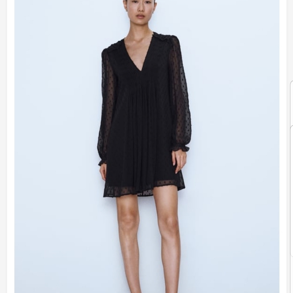 Zara Black Dotted Chiffon Mini Dress V-neck Long Sleeve Fit And Flare Size XS